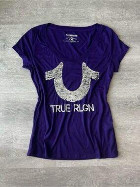 True Religion Purple Short-Sleeve Sequin Logo Tee Y2K